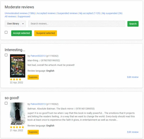 Book Reviews moderation screen on Admin panel