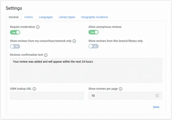 Book reviews settings screen on Admin panel